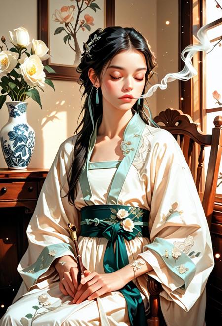 solo, short black hair, elegant man, seated, holding a long kiseru smoking pipe, traditional Hanfu-style silk robe, white with delicate embroidery, floral patterns, tied sash, flat chest, graceful pose, closed eyes, long sleeves, white flower vase in the background, ornate wooden chair, ethereal smoke, gentle lighting, earrings, realistic facial features, attractive , calm atmosphere, flower vase decor, semi-realistic style, digital painting, concept art, soft glow, dusty cool tones, volumetric lighting, ultrahigh definition,  absurdres, highres, very aesthetic, painted style, moody light, contrast of white fabric and dark wood, misty effect, light particles, serene, Midjourney style, elegant composition, aidma-niji