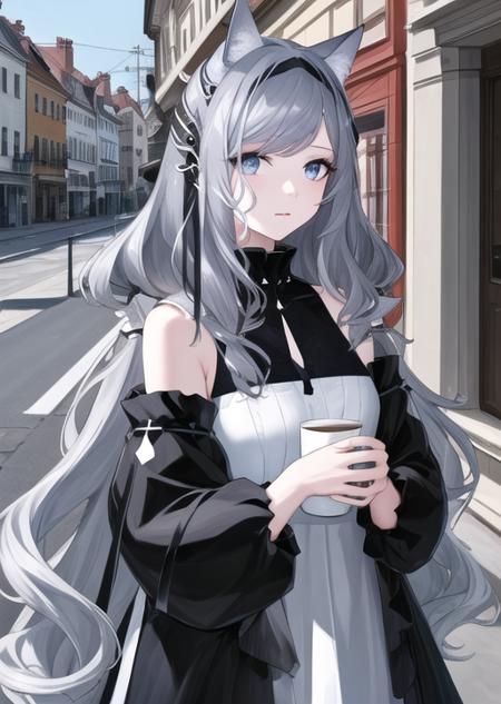 ,golding, shoulderless dress , black hairband, grey hair, long hair, black jacket, cat ears, blue ribbon, grey hair