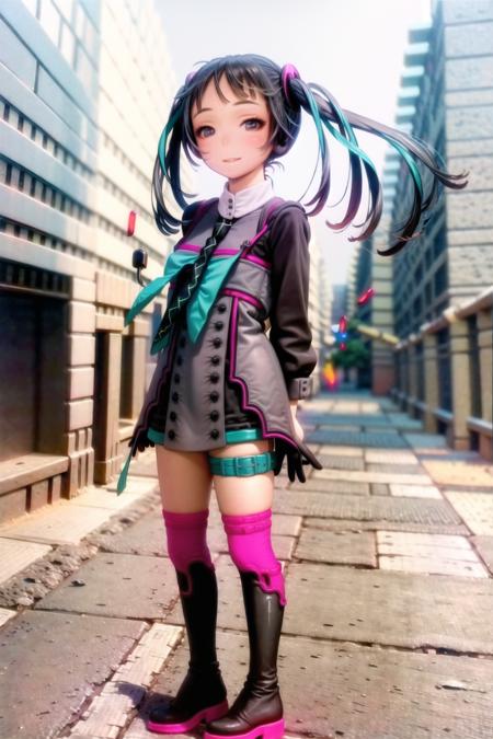 masterpiece, best quality, solo, 1girl, hatsune miku, vocaloid, mirai2015, dress, necktie, black gloves, thigh strap, thigh boots, standing, smile, arms behind back, crossed legs, looking at viewer, outdoors, full body