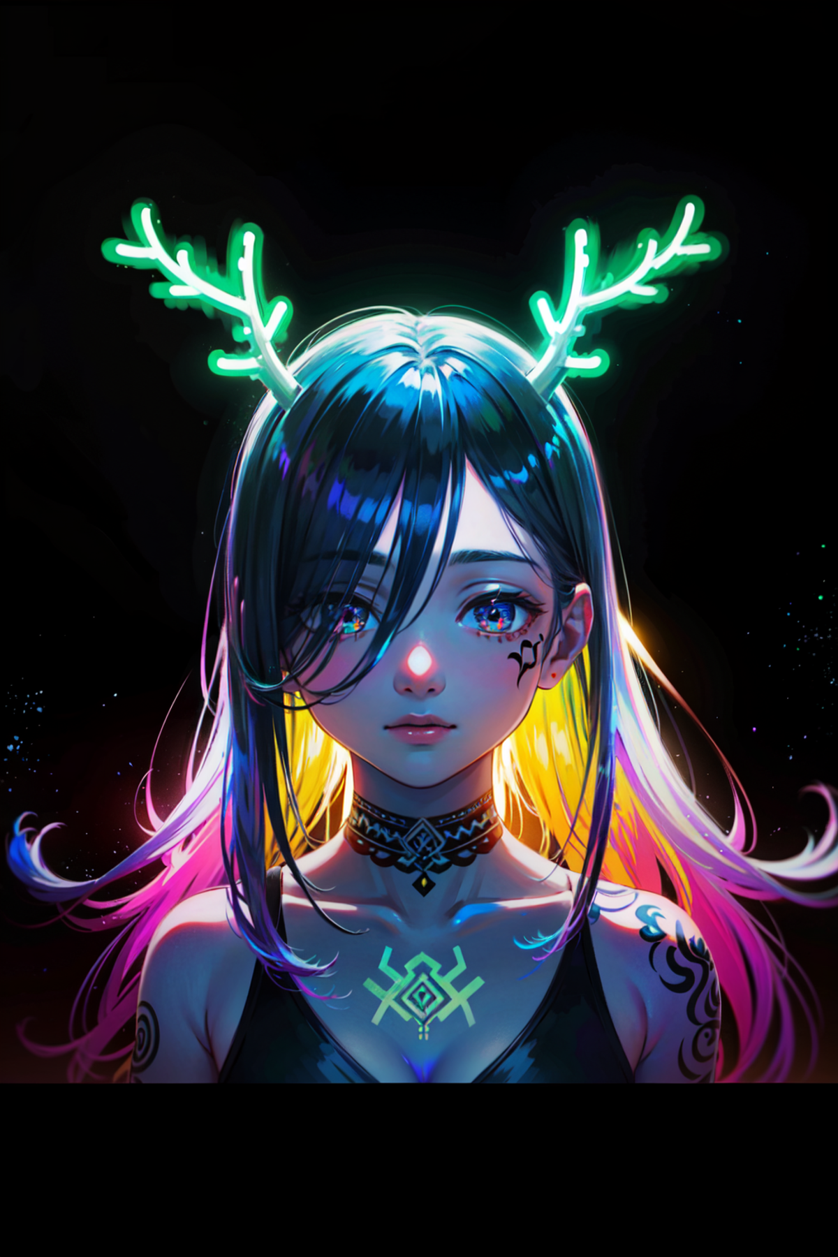 1girl, black background, antlers, (iridescent:1.5), (glowing:1.5), multicolored clothes, multicolored hair, serious, stari...