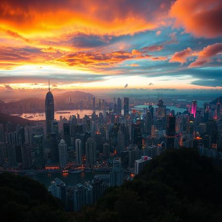 Breathtaking Hong Kong skyline at sunset captured from Victoria Peak as golden light bathes the dense forest of skyscrapers, harbor waters reflect the city lights, and the dramatic sky transitions from vibrant oranges to deep blues while day surrenders to the emerging glow of the metropolis below. disney pixar style