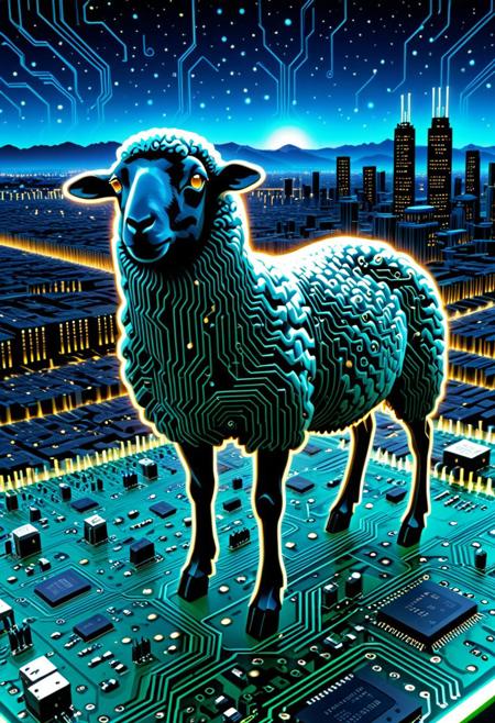 masterpiece, best quality, very aesthetic, absurdres,(score_9, score_8_up, score_7_up),TzigoCBS, epic background, nightsky cityscape landscapes with buildings made of as a circuit board, a sheep made of as a circuit board, glowing eyes, vivid eye color, (beautiful eyes:1.2), (gradient iris, crisp iris edges), confident pose, action dynamic pose,