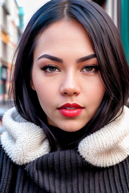 a image of face of CamilaC_T_V7-600 (with black sweater:1.2), ((front view:1.2)) ,red lips ,and a (((extra close up:1.2))), pale skin, background is city ruins, (high detailed skin:1.2), 8k uhd, dslr, soft lighting, high quality, film grain, Fujifilm XT3