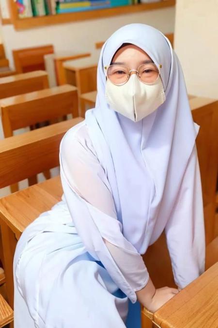 (masterpiece), (high quality, best quality, realistic, perfect face, expressive eyes), classroom, looking at viewer, 1girl, mature female, (white hijab:1.1, white dress, blue skirt:1.1), glasses, face mask, happy, white mask