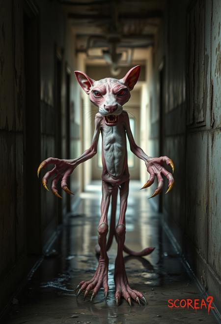 score_9, score_8_up, score_7_up, score_6_up, depth of field, highly detailed, BREAK Pink Panther, malnourished, skinny, bony, sunken eyes, dirty matted fur, mange, patches of fur missing, scabs, claw marks, anaemia, bones visible under flesh, glowing red eyes, long mangled claws, long mangles finger nails, hyper realistic hands and feet, long gnarled teeth, long arms, long fingers, malformed, extremely narrow waist, hipbone visible, ghoulish,no human, 
BREAK in a long hallway stands the Pink Panther, this Pink Panther is a twisted creature unlike his well known counterpart,  Pink Panther is standing in a doorway, menacingly, with his hands by his sides, his hands reach and are dragging on the floor, Pink Panther is walking towards the viewer at the other end of the hallway, the building is dilapidated with water damage, water is dripping from the ceiling and running down the walls, it is dark, low lighting, mold is growing on the walls, this building has been abandoned and condemned,
 night,  doorway,,low key,dramatic lighting, film grain,