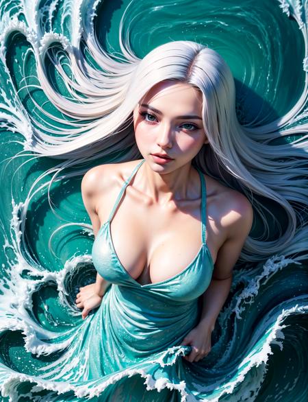 masterpiece, best quality, glamour fisheye (close-up) shot (from above:1.2) of girl in water, (face focus, portrait), white hair, absurdly long hair, floating hair, standing, sundress, liquid clothes, water, waves, swirling water waves, night sky, cloudy sky, moonlight, tsunami, tide, sea, water dress, style-swirlmagic, <lora:LiquidClothesV1:0.7>