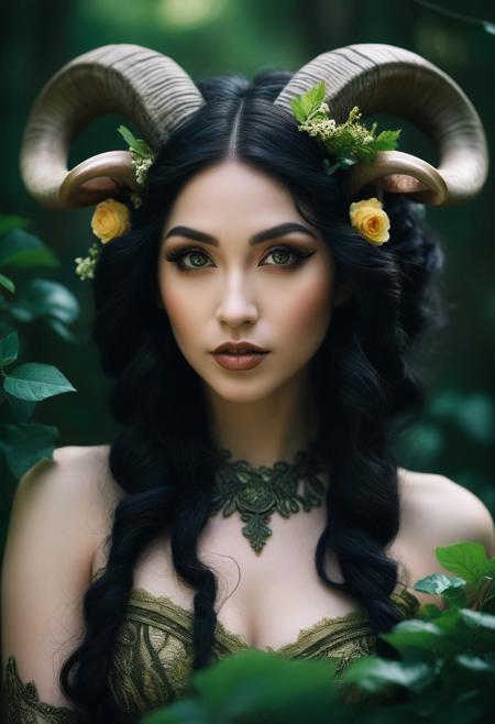 close up, beautiful fantasy female satyr, (chubby:1.3), with ram's horns, large breasts, fat breasts, human ears, she has black hair, she has vines and flowers that coil around her arms, she is playful and mischievous, high contrast, isolated on black, and green foliage, dramatic light, dark and mysterious atmosphere, highly detailed, realistic proportions, shot with Nikon AF-S CX NIKKOR, 35mm f/1.8G Lens, in the style of Bella Kotak