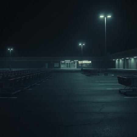 A liminal space frozen in the dead of night—a vast, empty supermarket parking lot, dimly illuminated by flickering neon lights. The air is thick with silence, broken only by the distant hum of a buzzing lamp. Rows of abandoned shopping carts stand still, as if waiting for someone who will never return. The asphalt is cracked, damp from a recent rain, reflecting the artificial glow in eerie distortions.
At first, it seems like you’re alone. But then… you feel it.
In the farthest corner, where the light fails to reach, a silhouette emerges from the shadows. It stands unnaturally still, its form barely distinguishable—except for its eyes. Piercing, glowing in the darkness, locked onto yours. And then comes the smile—a wide, impossible grin stretching beyond human limits, gleaming with something inhuman.
You look away for a second. When you look back… it’s closer.
No matter where you move, no matter how much distance you put between yourself and the figure, the eyes remain. The grin never fades.
It is watching. And it will never stop.