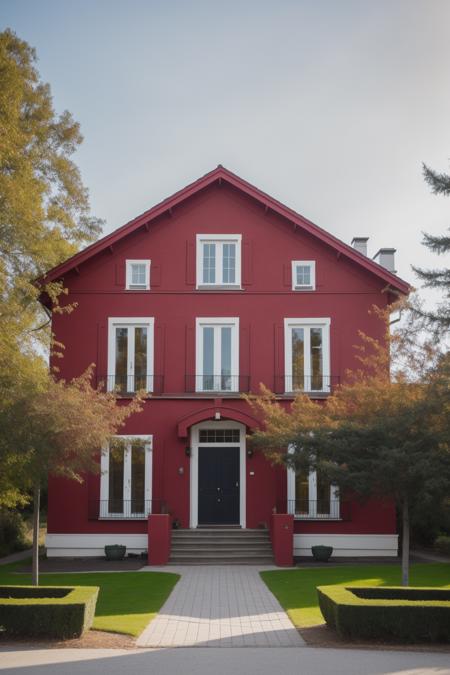 A realistic vision of a a gorgeous three story house inspired by Franois Girardon's style. The style is inspired by Tarantino. The focal point of the house is main entrance to the house. The color palette includes Maroon and white. The photo was taken in Sweden.