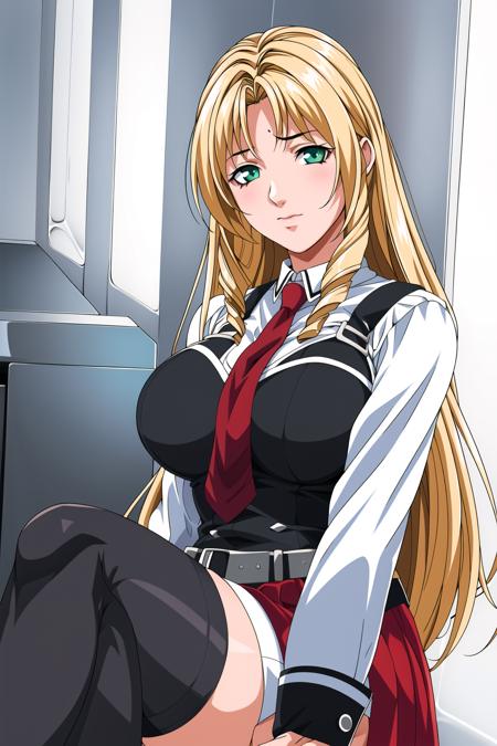 Sitting on chair,
White_shirt,long sleeves,Red pleated skirt, uniform,Black thighhighs,long sleeves,(belt:1.2),Red Tie,(Black_vest:1.3),
<lora:Rika_Shiraki_Bible_Black-KK77-V1:0.7>,
blonde hair,very long hair,Bangs,green eyes,Forehead,drill hair,
<lora:Oda_Non_Style-KK77-V2:0.3>,<lora:more_details:0.1>,
1 girl, 20yo,Young female,Beautiful Finger,Beautiful long legs,Beautiful body,Beautiful Nose,Beautiful character design, perfect eyes, perfect face,expressive eyes,perfect balance,
looking at viewer,(Focus on her face),closed mouth, (innocent_big_eyes:1.0),(Light_Smile:0.3),
official art,extremely detailed CG unity 8k wallpaper, perfect lighting,Colorful, Bright_Front_face_Lighting,White skin,
(masterpiece:1.0),(best_quality:1.0), ultra high res,4K,ultra-detailed,
photography, 8K, HDR, highres, absurdres:1.2, Kodak portra 400, film grain, blurry background, bokeh:1.2, lens flare, (vibrant_color:1.2),professional photograph,
(Beautiful,large_Breasts:1.4), (beautiful_face:1.5),(narrow_waist),