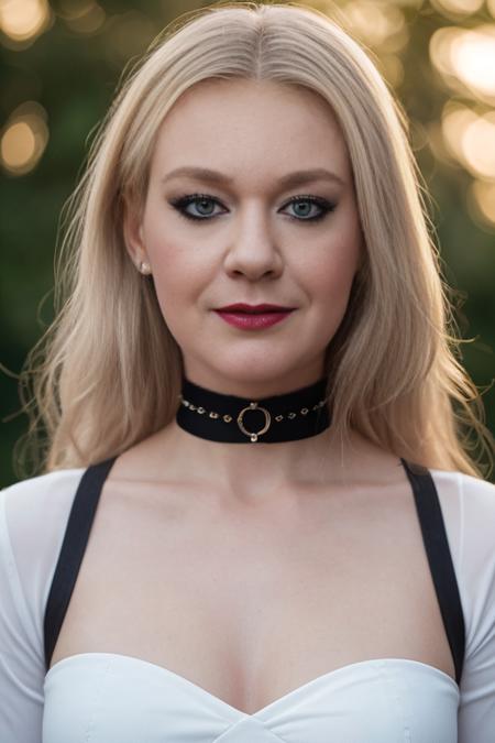 upper body portrait, ultradetailed, ultrarealistic, masterpiece, best quality, perfect hands, perfect fingers, , add details detail, award winning, professional photograph, (narrow waist:1)
(expressive face:2) (black choker:1.25), add detail
(highly clear face,very cute,Extremely cute beauty,Sexy self-confidence,proud and independent,Clear perfect eyes,phenomenal aesthetic,Amazing photos),anatomically correct, (((skinny,thin))),(slender face:1.2),
petite figure with an androgynous look. black hair dyed platinum blonde. eyes bright green, and her skin tone is fair.
( pale face) against the bold colors of her hair and clothing. Her eyes are large and expressive, often accentuated by thick black eyeliner which gives them an intense gaze. (dark lipstick:1.25) to match her eye makeup, creating a gothic-inspired look. Her eyebrows are thinly drawn in with matching color for added definition.
Her nose is small but noticeable due to its slight upturn at the end, while her lips are full and often painted in deep shades of red or purple. Overall, her face exudes a sense of mystery and intrigue
High-quality digital camera, wide angle lens, ISO 100 or lower, aperture priority mode, natural light from setting sun and off-camera flash units, reflector for skin tone depth, warm color filter/white balance adjustment, tripod for stability, slow shutter speeds, RAW format, bokeh