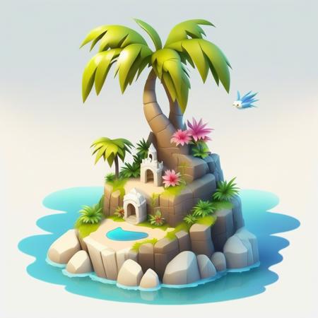 simple_background, white_background, flower, water, tree, pokemon_(creature), no_humans, bird, grass, rock, palm_tree, tower, faux_figurine, no humans, palm tree, pokemon (creature), white background, castle, simple background