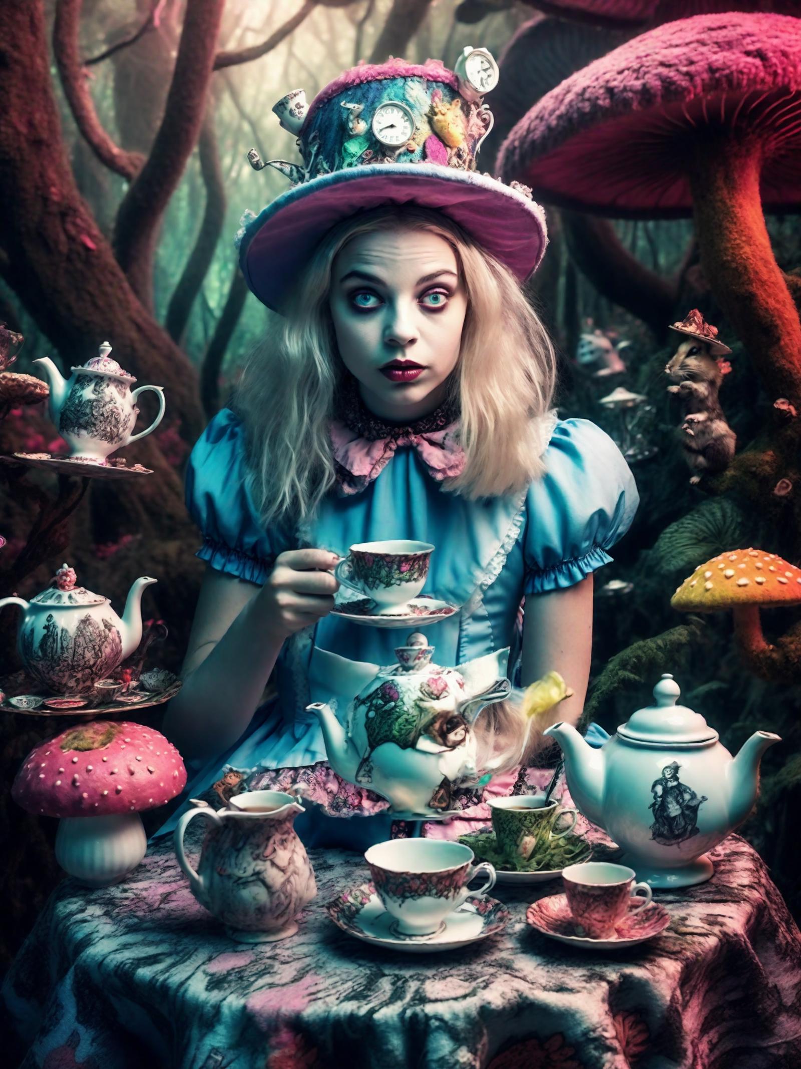 A woman wearing a blue dress and a hat is sitting in front of a tea set, holding a cup. The scene features a variety of teapots and cups on the table, along with a cake and a spoon. The woman is surrounded by a whimsical and fantastical environment, with multiple teddy bears and a mushroom in the background. The image appears to be a surreal and imaginative scene, possibly inspired by Lewis Carroll's "Alice in Wonderland."
