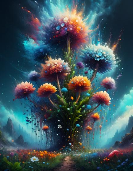 Seeing plants and flowers from the ground, view from below, atmospheric dreamscape painting, dream scenery art, highly detailed visionary art, cgi style, vibrant oil painting, splash art, Cozy mystery, masterpiece 8k wallpapper, neoplasticism, Unreal Engine, dramatic lighting, made of ral-pxlprtcl <lora:ral-pxlprtcl:1>