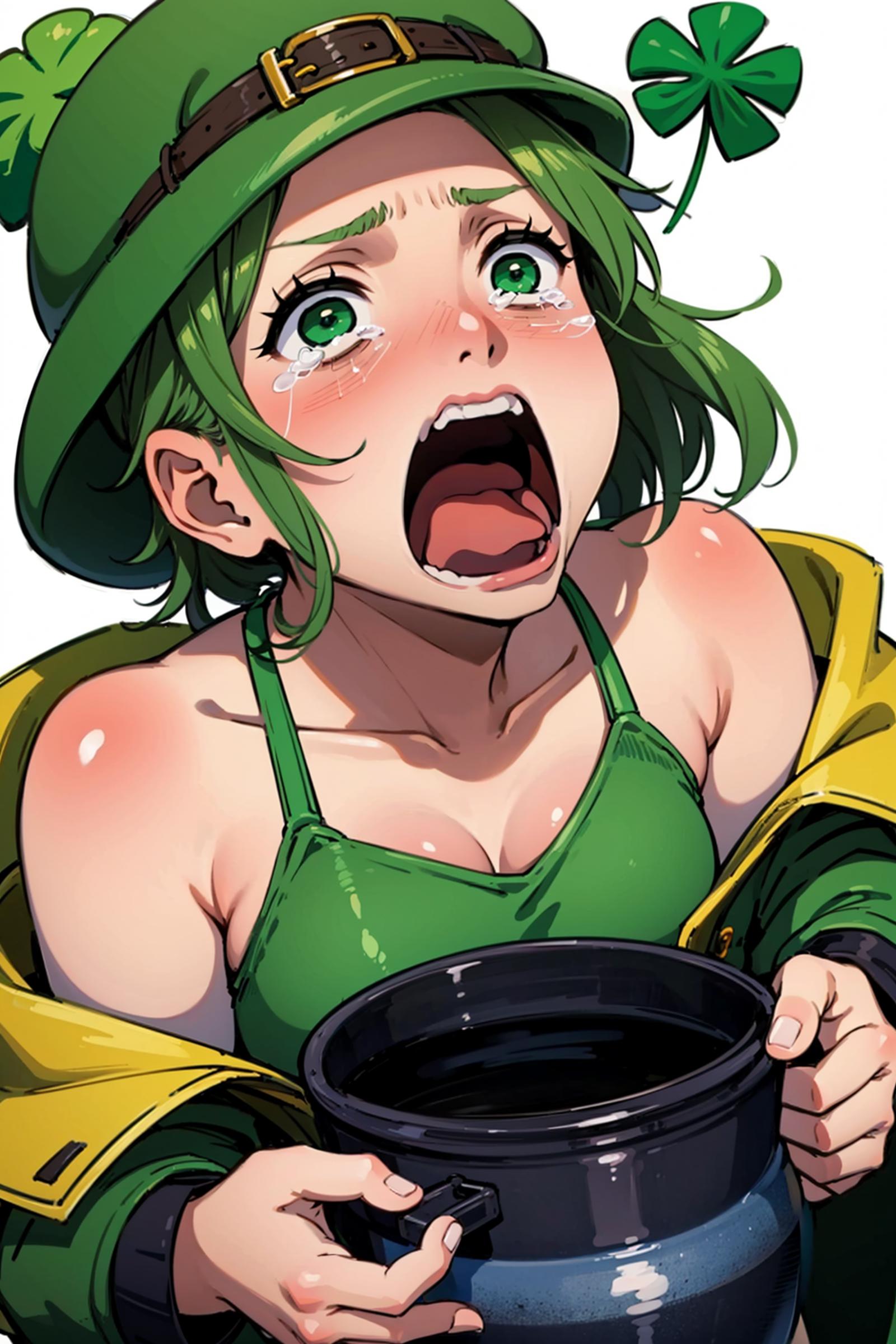 <lora:concept_aquascreaming:.8> aquascreaming, empty  pot, screaming, open mouth, crying with eyes open, green hair, lepre...