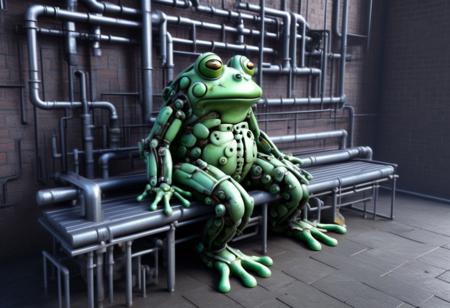 industrial_world, cloud, inside factory,  frog made of steel working on bench, frog made of steel in factory coat, mecha, brickwall