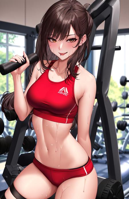 A digital illustration of a (sultry:1.3) and (seductive:1.4) woman with (messy:1.1) short brown hair, posing in a (provocative:1.4) manner in a (modern:1.2) gym setting. She is wearing a (tight:1.2) and (undersized:1.3) (crop top:1.2) that shows off her (full:1.1) and (perky:1.2) breasts, as well as (tiny:1.3) (boyshorts:1.2) that highlight her (thick:1.2) thighs and (cameltoe:0.85). Her skin is (glistening:1.2) with sweat, and her (puffy:1.2) nipples are visible through the fabric of her shirt. She has a (sultry:1.3) gaze and a (mischievous:1.2) smile, as if she knows just how (sexy:1.4) she looks. She's (working out:1.2) in a modern (gym:1.2) that's filled with exercise equipment. The image is rendered with a (smooth:1.1) and (sharp:1.1) focus, capturing every (provocative:1.4) detail of the woman's body. This image would be suitable for use on platforms such as (Pixiv:1.1) and (Tumblr:1.1), and could be created by artists such as (Benita Winckler:1.1) and (Hentai Foundry:1.2). It would be suitable for use in (erotic art:1.1) and (pin-up art:1.2) projects, and could be presented in a variety of styles, including (digital painting:1.1) and (ink splashing:1.2). The overall effect is one of a (sensual:1.3) and (tempting:1.4) image, a true (masterpiece:1.2) of sensual art. (The background should be extremely detailed with great depth.:1.1)