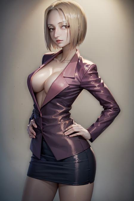 (masterpiece, best quality:1.2), <lora:hxh_pakunoda-10:0.8>, cowboy shot, solo, 1girl, pakunoda, expressionless, looking at viewer, hands on hips, brown eyes, formal, suit, pencil skirt, cleavage, large breasts