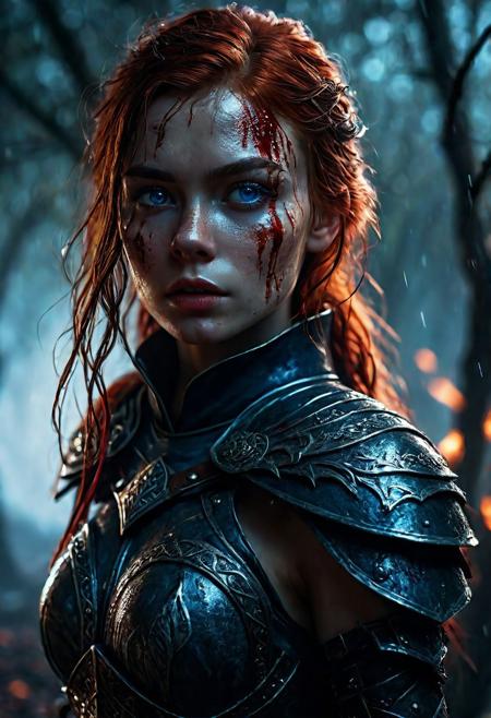 Ultra detailed digital art masterpiece Warrior vapmire girl dressed in a iron Armor and winter coat, Standing on a bloody and stormy battlefield, standing in combat pose, dark fantasy medieval Town, perfect lighting, beautiful Sadie Sink as Warrior vampire girl, attractive woman, elegant, sinewy athletic body, unreal engine 5 nanite quality, mixed with dark elements, dark environment, very cold winter night, clean dark velour witch clothing, LOTR style, dark washed out eyeliner, no make up, natural pale bloody face, realistic blue eyes, ultra detailed atmospheric details, beautiful glowing effects, sparkle effects, realistic body proportions, beautiful face proportions, complex masterpiece, wavy red hair, creative glowing detailed tattoos, complex physics, enhanced colors, complimentary colors, ultra detailed raytracing reflections, Ultra detailed complex background, environment feels alive, direct eye contact, dramatic lighting, wet and sweaty skin, beautiful firm Breasts, Concept art portrait by Greg Rutkowski