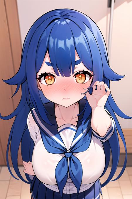 fenlier3,<lora:fenlier3_adam8_3e-000010:0.9>,1girl,solo,blue hair,long hair,orange eyes,short eyebrows,looking at viewer,straight-on,indoor,stylish_pose,large breasts,nose blush,school_uniform,serafuku,neckerchief,masterpiece,best quality,