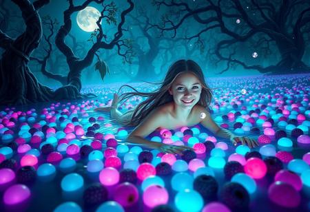 In a serene, moonlit lake surrounded by surreal trees with twisted vines and oversized leaves, an attractive nude girl with long hair and attractive blue eyes, flowing hair swims effortlessly through a mesmerizing sea of glowing berries. Her radiant smile and shimmering eyes harmonize with the bioluminescent water, while neon blues, pinks, and purples berries create a vibrant mosaic around her. Tiny orbs float in the air, amplifying the enchanting atmosphere as she glides through the luminescent fruit with ease.