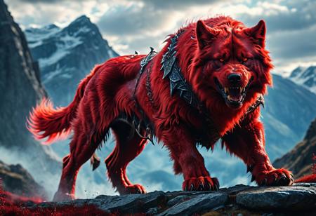 super realistic image, high quality uhd 8K, of ((a gigantic, enormous demon dog, garm)), destructive demon of Norse mythology, Ragnarok, guardian of hell, red fur, fierce, surpassing the mountains in height. ((magical hearts of light)), real vivid colors, standing