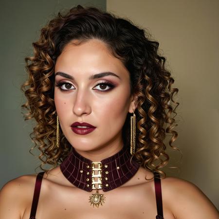 a close up  analogue photo of a beautiful age 25 Greek woman, ((dark eyes)), olive skin, (Greek nose) oval face, curly hair, <lora:Greek_contemporary_Goddess-000006:0.8>,wearing Maroon corset, gold Balmain logos, thigh-high boots with brass laces, ruby-encrusted Dior necklace, reflective material, bold logo definition, intricate lacing, deep red rubies, polished bronze spikes, rich maroon finish.,,clear focus, high resolution image, low light, soft natural light, Rembrandt style light, Hasselblad DLSR camera, 200mm Zeiss lens, f/2.8, ,Sexy pose, erotic pose, exhibitionism, ,starship bridge