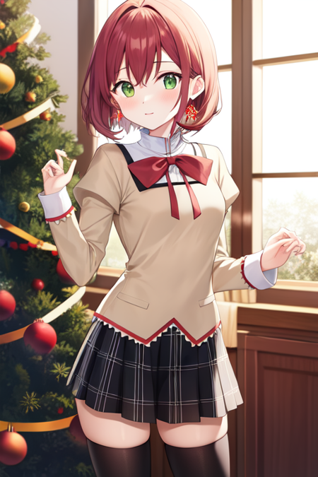 mitakihara school uniform, green eyes, red hair, christmas