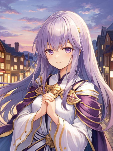 masterpiece, best quality, julia fe,  <lora:Julia_FE-10:1>, 1girl, solo, long hair, looking at viewer, smile, (town scenery), long sleeves, dress, closed mouth, upper body, wide sleeves, cape, own hands together, circlet