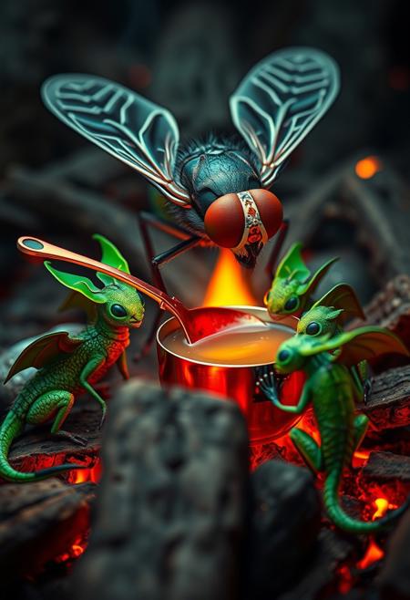 surreal VFX, big domestic fly stirring broth  with a steel red spoon on a campfire, sitting with a group of little green dragons with dark green wings seen under an electron scanning microscope, with details, vivid colors