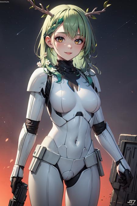 masterpiece, best quality, absurdres, 1girl, solo, Ceres Fauna, antlers, long hair, braided bangs, hair flower, StromTrooper, armor, smile, <lora:StormTrooper:1> <lora:CeresFauna:1.0>