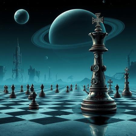 This steampunk digital artwork features a surreal and futuristic chess scene. The central focus is a colossal king chess piece, intricately designed with a metallic and mechanical gears and wheels, standing prominently on a vast black and white chequered plain. Other chess pieces are scattered across the landscape, appearing smaller in comparison to the central king. In the background, tall fantastic mechanical structures, dot the horizon. A giant ringed planet casts its light giving a colour scheme dominated by shades of blue and black, creating a cosmic and otherworldly atmosphere. The image combines steampunk with elements of science fiction and fantasy