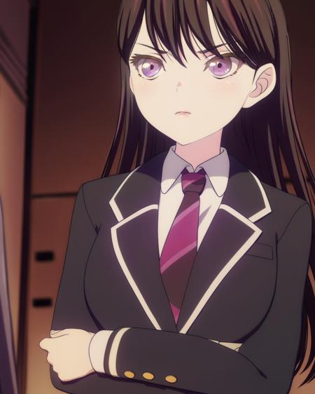 masterpiece, best quality,     <lora:ALL:1>,1girl, mole under eye, mole, solo, long hair, necktie, purple eyes, school uniform, black hair, jacket, shirt, crossed arms, blazer, upper body, bangs, Shiina Taki