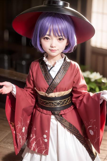 sukuna shinmyoumaru, 1girl,minigirl,bowl hat,ahoge,purple hair, short hair,red eyes,japanese clothes,frilled kimono,obi,sash,long sleeves, wide sleeves, 