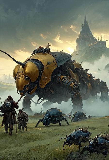 Rolling golden meadows where dwarven farmers herd giant beetles fitted with harnesses and mechanical seed cannons, while an immense clockwork dragon casts a shadow over the land, a silent guardian or a distant threat. Created in the atmospheric, mist-laced tones of Rozalski, with fantasy detailing echoing classic Tolkien illustrations and hints of early 20th-century industrial aesthetics.