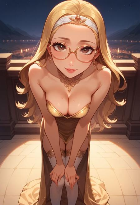 OverallDetail, Expressiveh, score_9, score_8_up, score_7_up, score_6_up, 
night, ballroom setting,
1girl, solo, Hon_Lem, Glasses, white headband with black trim, gold evening gown with gold trim, stockings, long blonde hair, dark brown eyes, long legs, slender figure, 
MILF, lusty sexy facial expression, leaning forward suggestively, sensual pose, sexy thin body, loose top, (horny:1.2), squeezing breasts together, medium breasts, (cleavage:1.2), looking at viewer, narrow thighs, thigh gap, high angle view,