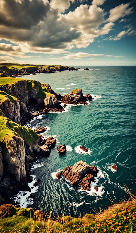 Cliffs and rugged coastline of lizard point, lizard peninsula, cornwall, england. Dramatic unusual scene. Beauty world. Retro filter and vintage style. Instagram toning effect, breathtaking photograph.