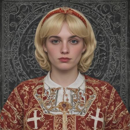 a close up of a woman with blonde hair, 1 9 8 0 s children's show, she has a jiggly fat round belly, chilaquiles, très détaillé, resembling a mix of grimes, tight wrinkled cloath, hasbulla, official photo, kirbi fagan, the average redditor, religión, fez video game, realistic, tarot card, highly detailed, 4 k, shimmering color, symmetrical, hyper realism, extreme detail, octane engine, realistic, cinematic, trending on artstation, detailed concept art, top view, trending on artstation, bottom view, ultra wide
