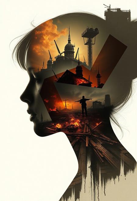 Abstract style dystopian future with elements of an apocalyptic war inside the silhouette of a womans head that is a double exposure photograph . Non-representational, colours and shapes, expression of feelings, imaginative, highly detailed