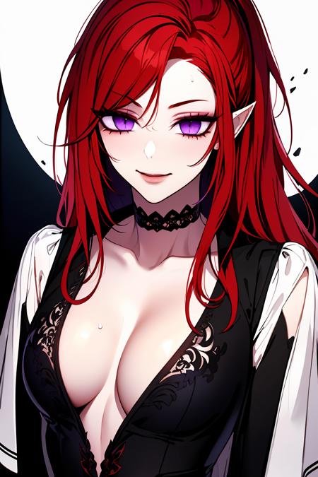 ((masterpiece)), ((ultra-detailed)), ((best quality)), ((intricate details)), ((chromatic aberration)), 1girl, long hair, small breasts, makeup, black eyeliner, (light smile, ), (two-tone hair:1.2),looking at viewer, ((red hair , purple eyes, vertical pupils)),<lora:AGM-a1:0.2>,  <lora:Artist_Kidmo:0.2> ,<lora:JW:0.2>, <lora:MDA_v2:0.2>, <lora:JellyTitsV2:0.2>, <lora:GrullBorgR8V4:0.2>, <lora:oouso:0.2>, <lora:titlefont:0.3>, <lora:GPTS 18 Dynorm t2_17600:0.3>,<lora:sian:0.69>, ((tshirt, solo, upper body,   <lora:juder_style:0.3>)),