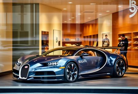 In the window of a large 4S shop was a Bugatti sports car