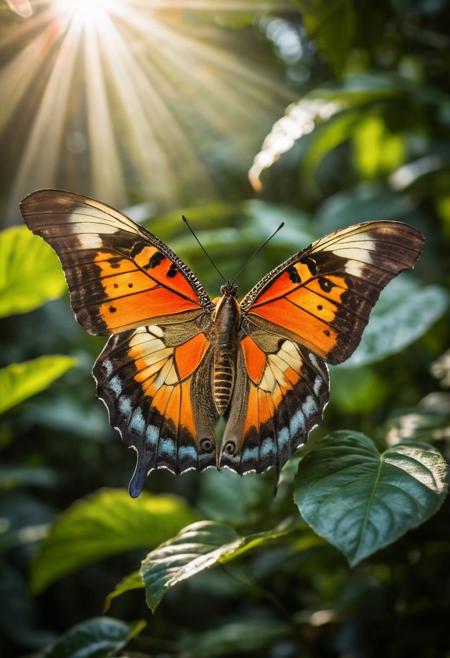photo of a giant butterfly, jungle, sunlight filtering through the leaves, the butterfly's wings spread wide, soft focus, warm colors, high contrast, 8K, highly detailed, ultra-realistic, masterpiece, Canon EOS-1DX, macro lens, very coherent, vibrant, intricate, epic composition, surreal, beautiful, full light, cinematic, extremely stunning