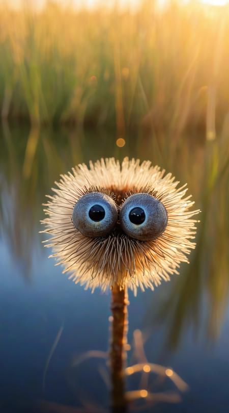 Fluffy seed pod with eyes and tiny feet, adrift on a pond, macro view, straight, sunrise light.