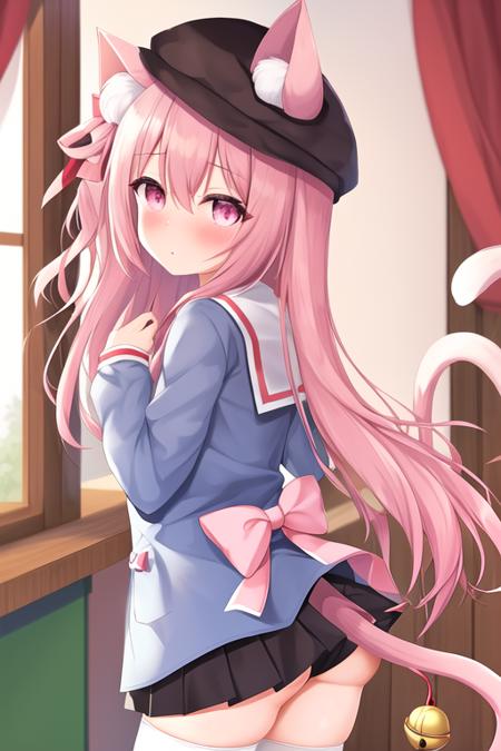 masterpiece, best quality, highres, solo, {kisaragi_azurlane:1.10}, animal_ears, cat_ears, long_hair, pink_hair, ribbon, tail, cat_tail, pink_eyes, blush, hat, bell, bow, animal_ear_fluff, jingle_bell, tail_ornament, one_side_up, school_hat, cat_girl, tail_ribbon, very_long_hair, hair_between_eyes