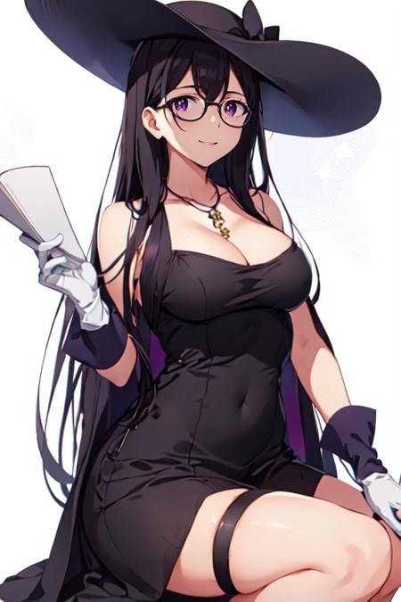 HizuruMinakataR4 1girl, long hair, purple eyes, black hair, mole under mouth glasses ponytail