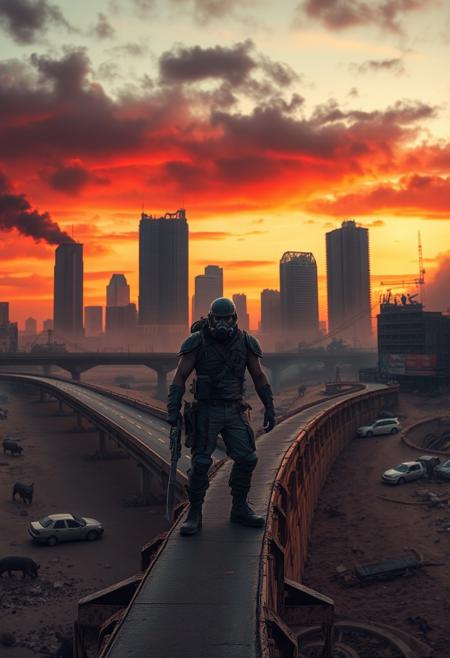 A post-apocalyptic wasteland at dusk, with crumbling skyscrapers in the distance partially buried in sand. The sky is a sickly orange and red, streaked with black clouds, as if the world is on fire. In the foreground, a lone, battle-worn figure stands on a broken highway overpass, wearing tattered armor and a gas mask, holding a makeshift weapon pieced together from scrap metal. Behind them, the remains of abandoned cars and debris litter the landscape, while mutated animals prowl in the shadows. The atmosphere is bleak, filled with dust and smoke, with distant flames and smoldering ruins. The scene captures a world long past collapse, where survival is the only law.