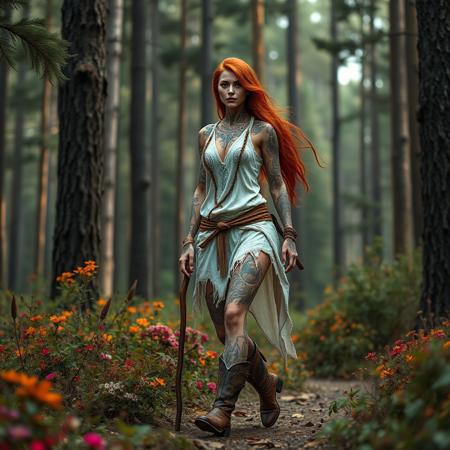 high quality digital artwork featuring a female figure in a forest setting. The subject is wearing a ragged, sleeveless, short white tunic which reveals the many elaborate mystical tattoos on her body, on her feet she wears short animal skin boots . Her facial features are sharp and ethereal, with long, red flowing hair,  she is walking and carrying an oak staff. The background consists of tall trees and coloured flora. long shot, deep focus, high quality