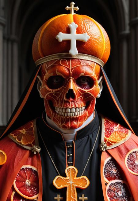 blood orange style, skull mask, cross, indoor, church, 