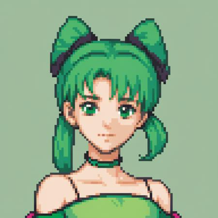 1girl, solo, green hair, green eyes, green background, simple background, portrait, closed mouth, bare shoulders, hair ribbon, ribbon, collarbone, ponytail, off shoulder, <lora:GBA Style SDXL v3:0.85>