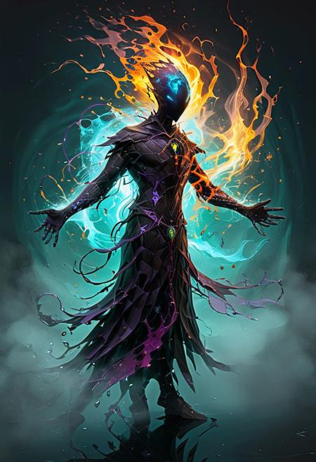 Artnthrmg, artmsc, mosaic, With this spell, the nether mage can turn his body into pure elemental nether. In this form, the mage is able to use his own body as a receptacle for elemental energies that can be used afterwards for various nether spells. The control of nether energy is very difficult and a careful nether mage makes a strong point of always having is control spell up and to avoid returning to his normal body with too much stored energy. The amount of nether energy that can be stored is linked to the nether mage status in the nether guild. A nether mage must also be careful not to have too much elemental energy stored when he goes back to his normal form, for else the huge amount of energy will explode into the air around the mage, which might prove quite lethal. Efficiency of this spell depends on the mage knowledge in the basic bodies and masteries, fire, earth, water and air.. ::2 masterpiece, long exposure, layered elements, motion photography, stark contrasting color transitions, saturated colors, harmonious color story, illusionism, beautiful details, blackhole energy core, ::1